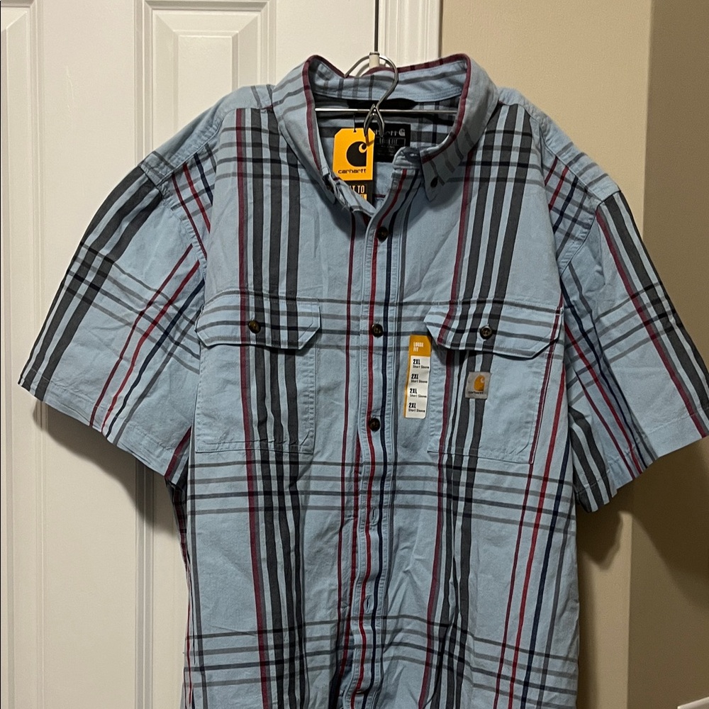 Carhartt Men's Light Blue and Gray Plaid Shirt
